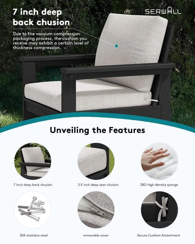 Alt view image 4 of 7 - HDPE Patio Conversation Set, 6-piece Sectional Outdoor Furniture Set, All Weather Outdoor Couch Set Patio Furniture Set for Deck, Lawn, Black Frame with Khaki Cushion
