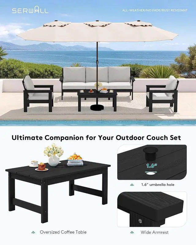 Alt view image 5 of 7 - HDPE Patio Conversation Set, 6-piece Sectional Outdoor Furniture Set, All Weather Outdoor Couch Set Patio Furniture Set for Deck, Lawn, Black Frame with Khaki Cushion
