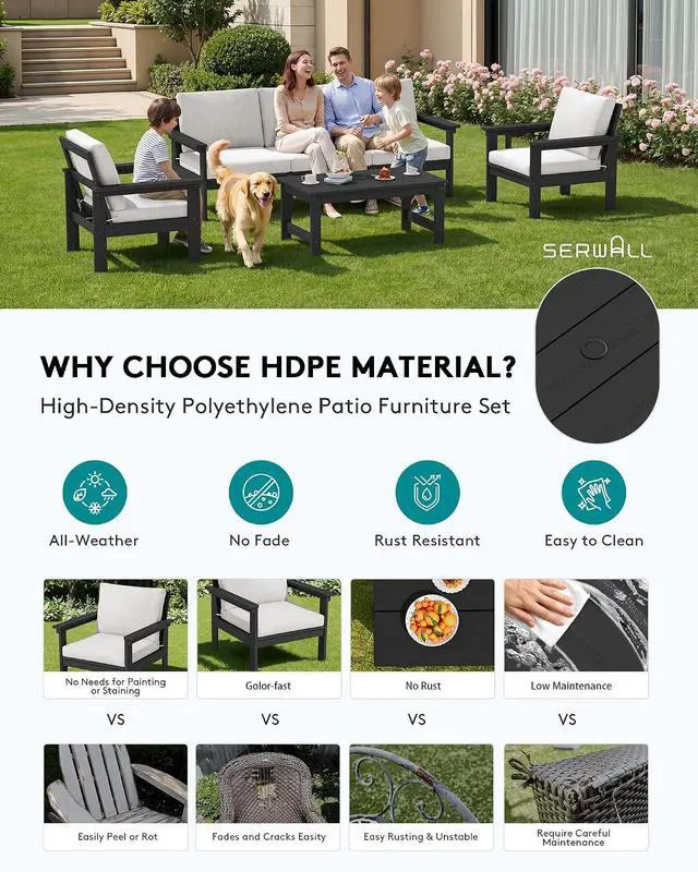 Alt view image 3 of 7 - HDPE Patio Conversation Set, 6-piece Sectional Outdoor Furniture Set, All Weather Outdoor Couch Set Patio Furniture Set for Deck, Lawn, Black Frame with Khaki Cushion