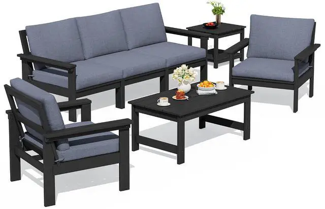 Main image of HDPE Patio Furniture Set, 7-piece Outdoor Sectional Sofa Set, All Weather Outdoor Couch Set for Deck, Lawn, Black Frame with Grey Cushion