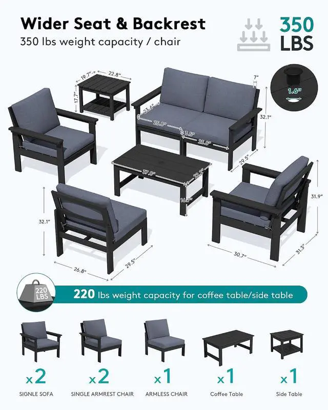 Alt view image 2 of 7 - HDPE Patio Furniture Set, 7-piece Outdoor Sectional Sofa Set, All Weather Outdoor Couch Set for Deck, Lawn, Black Frame with Grey Cushion