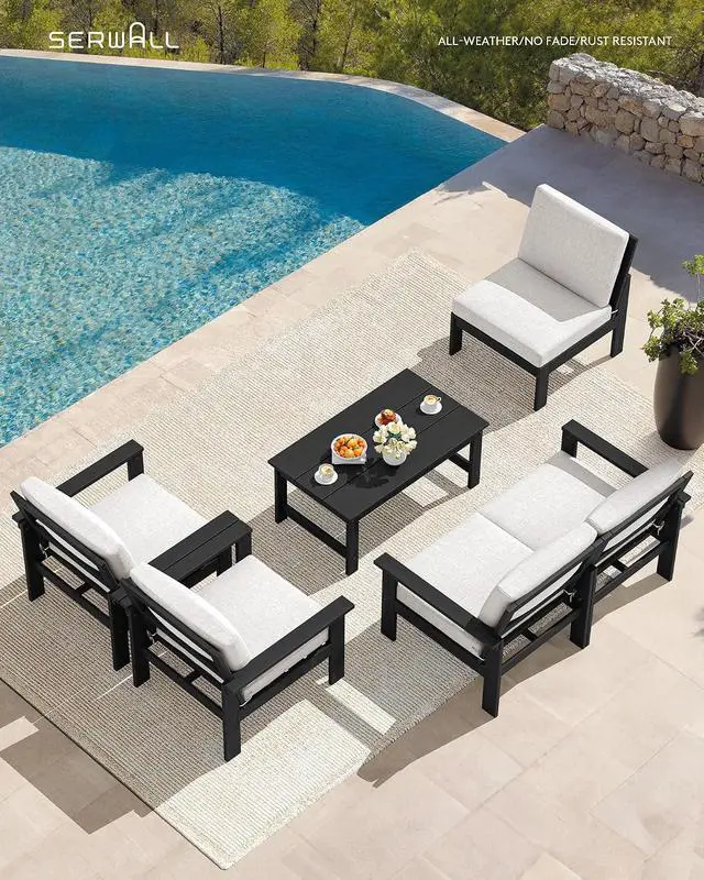 Alt view image 6 of 7 - HDPE Patio Conversation Set, 6-piece Sectional Outdoor Furniture Set, All Weather Outdoor Couch Set Patio Furniture Set for Deck, Lawn, Black Frame with Khaki Cushion