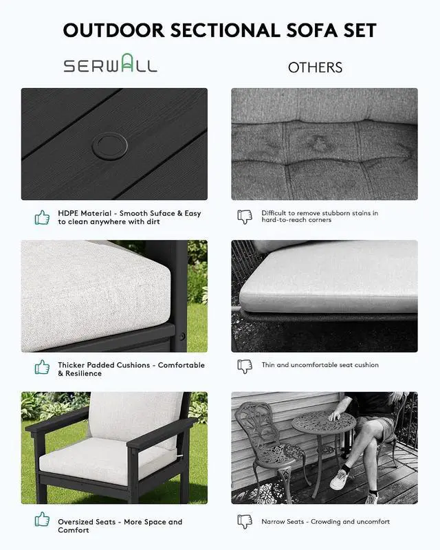 Alt view image 7 of 7 - HDPE Patio Conversation Set, 6-piece Sectional Outdoor Furniture Set, All Weather Outdoor Couch Set Patio Furniture Set for Deck, Lawn, Black Frame with Khaki Cushion