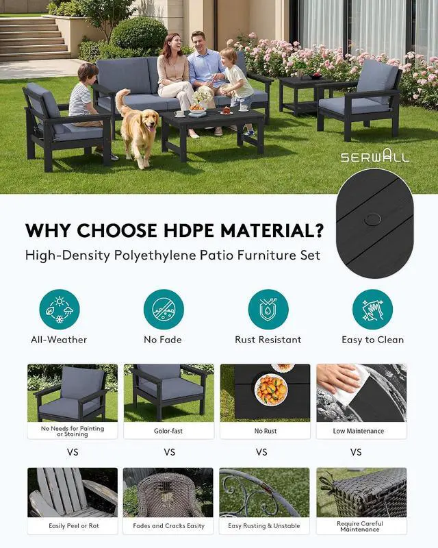 Alt view image 3 of 7 - HDPE Patio Furniture Set, 7-piece Outdoor Sectional Sofa Set, All Weather Outdoor Couch Set for Deck, Lawn, Black Frame with Grey Cushion