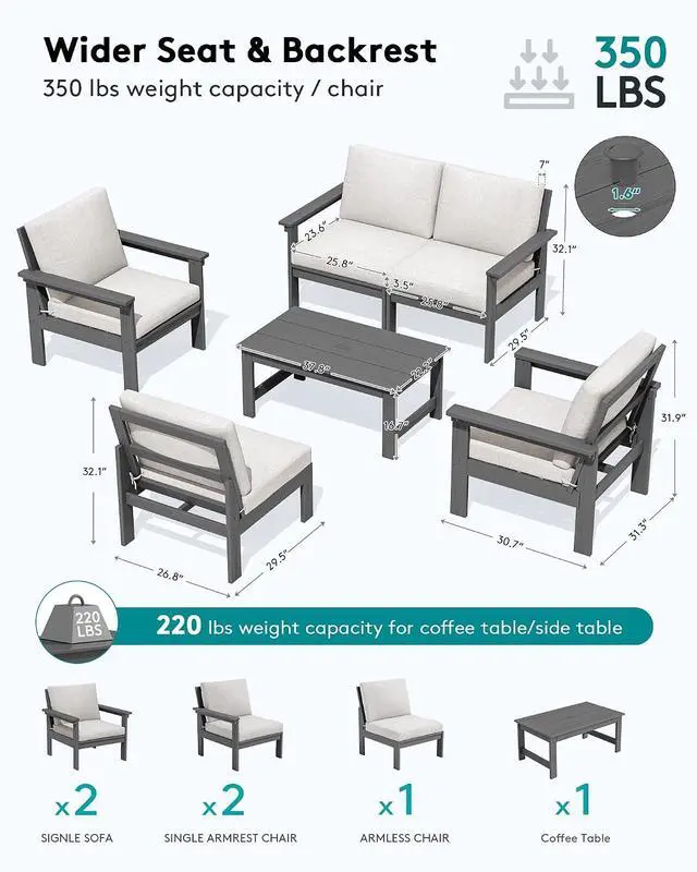 Alt view image 2 of 7 - HDPE Patio Conversation Set, 6-piece Sectional Outdoor Furniture Set, All Weather Outdoor Couch Set Patio Furniture Set for Deck, Lawn, Grey Frame with Khaki Cushion