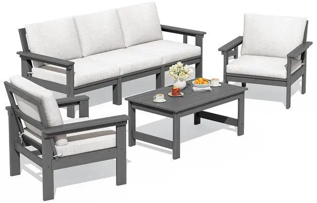 Main image of HDPE Patio Conversation Set, 6-piece Sectional Outdoor Furniture Set, All Weather Outdoor Couch Set Patio Furniture Set for Deck, Lawn, Grey Frame with Khaki Cushion