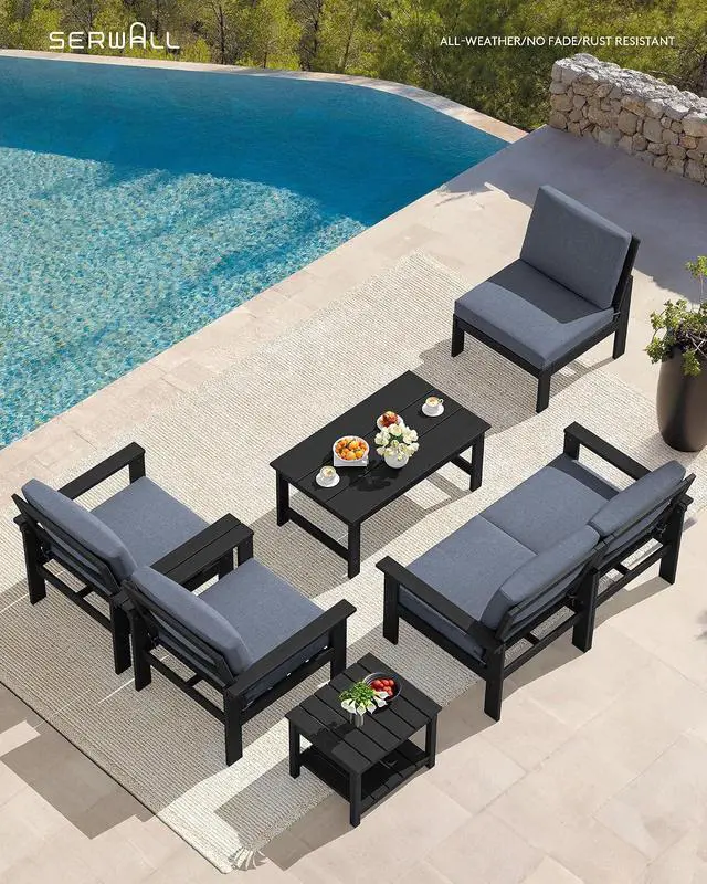 Alt view image 5 of 7 - HDPE Patio Furniture Set, 7-piece Outdoor Sectional Sofa Set, All Weather Outdoor Couch Set for Deck, Lawn, Black Frame with Grey Cushion