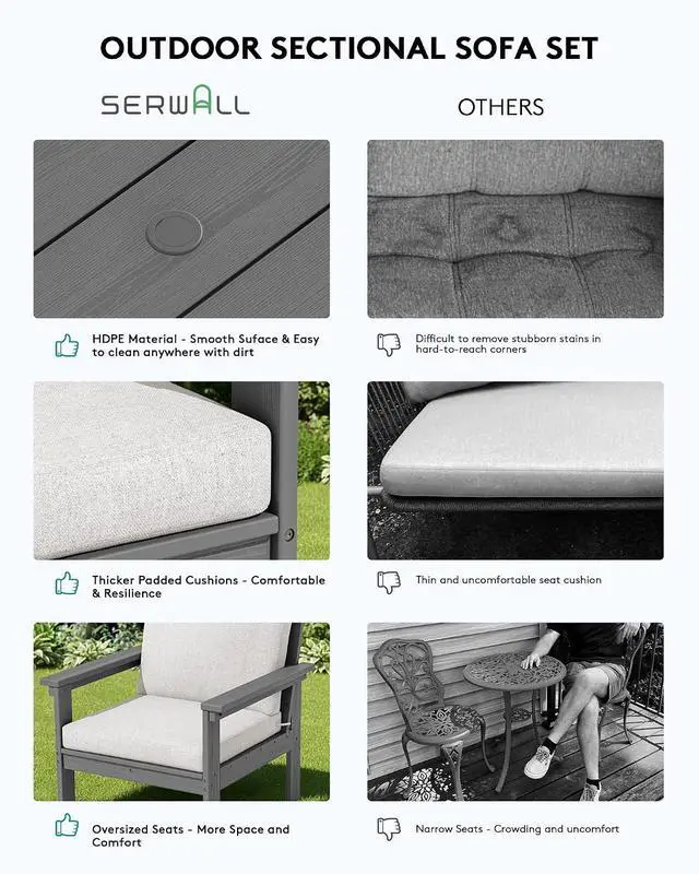 Alt view image 5 of 7 - HDPE Patio Conversation Set, 6-piece Sectional Outdoor Furniture Set, All Weather Outdoor Couch Set Patio Furniture Set for Deck, Lawn, Grey Frame with Khaki Cushion