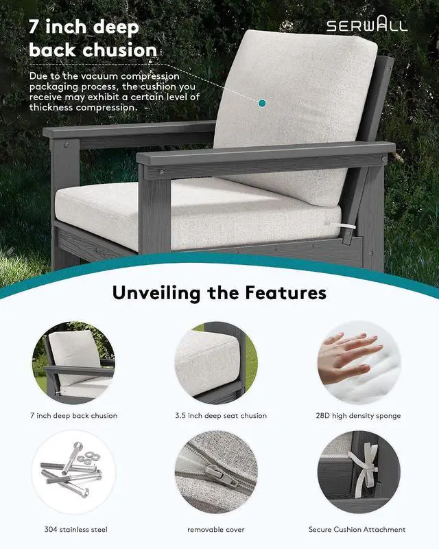 Alt view image 4 of 7 - HDPE Patio Conversation Set, 6-piece Sectional Outdoor Furniture Set, All Weather Outdoor Couch Set Patio Furniture Set for Deck, Lawn, Grey Frame with Khaki Cushion