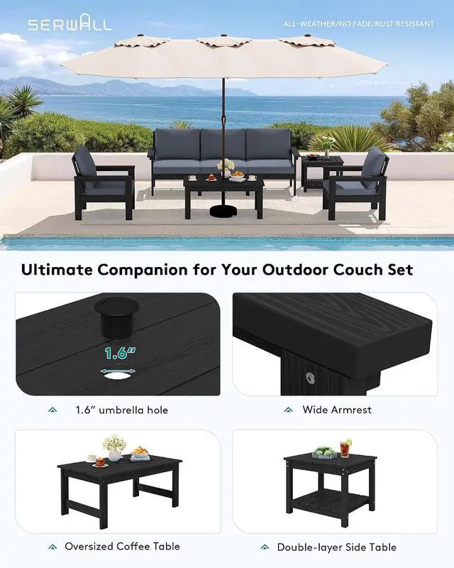 Alt view image 7 of 7 - HDPE Patio Furniture Set, 7-piece Outdoor Sectional Sofa Set, All Weather Outdoor Couch Set for Deck, Lawn, Black Frame with Grey Cushion