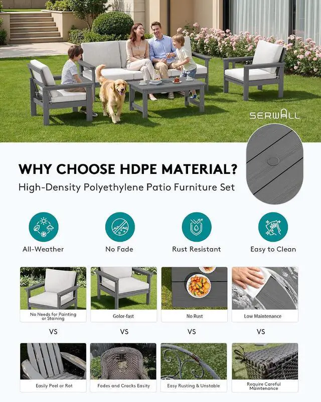 Alt view image 3 of 7 - HDPE Patio Conversation Set, 6-piece Sectional Outdoor Furniture Set, All Weather Outdoor Couch Set Patio Furniture Set for Deck, Lawn, Grey Frame with Khaki Cushion
