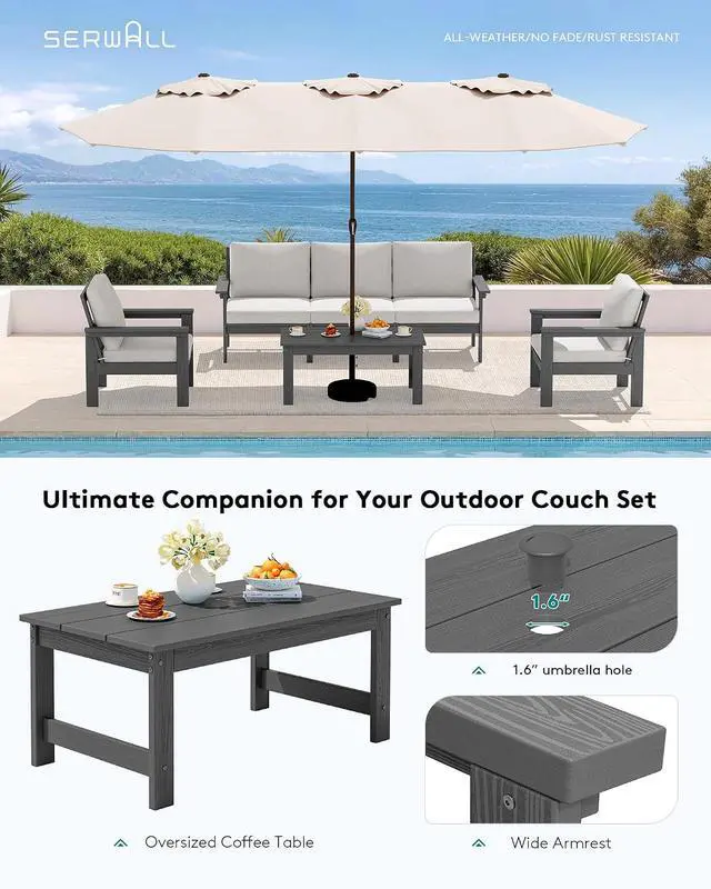 Alt view image 6 of 7 - HDPE Patio Conversation Set, 6-piece Sectional Outdoor Furniture Set, All Weather Outdoor Couch Set Patio Furniture Set for Deck, Lawn, Grey Frame with Khaki Cushion