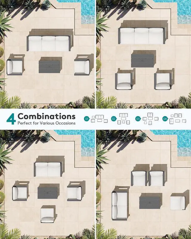 Alt view image 7 of 7 - HDPE Patio Conversation Set, 6-piece Sectional Outdoor Furniture Set, All Weather Outdoor Couch Set Patio Furniture Set for Deck, Lawn, Grey Frame with Khaki Cushion