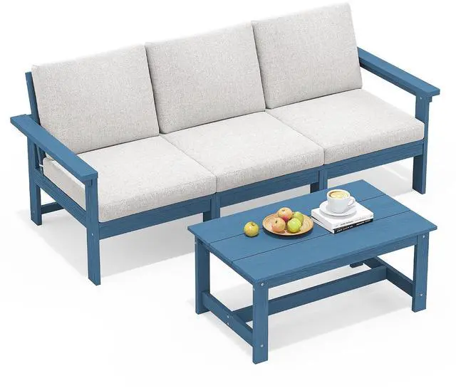 Main image of HDPE Patio Sofa Set, 4-piece Sectional Outdoor Furniture Set, All Weather Outdoor Couch Set Patio Furniture Set for Deck, Lawn, Blue Frame with Khaki Cushion