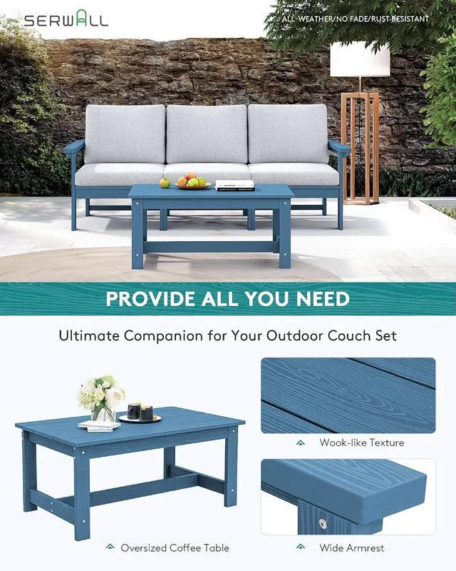 Alt view image 5 of 7 - HDPE Patio Sofa Set, 4-piece Sectional Outdoor Furniture Set, All Weather Outdoor Couch Set Patio Furniture Set for Deck, Lawn, Blue Frame with Khaki Cushion