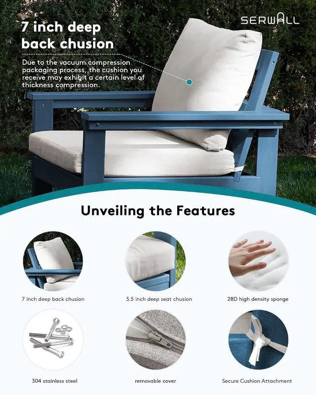 Alt view image 4 of 7 - HDPE Patio Sofa Set, 4-piece Sectional Outdoor Furniture Set, All Weather Outdoor Couch Set Patio Furniture Set for Deck, Lawn, Blue Frame with Khaki Cushion