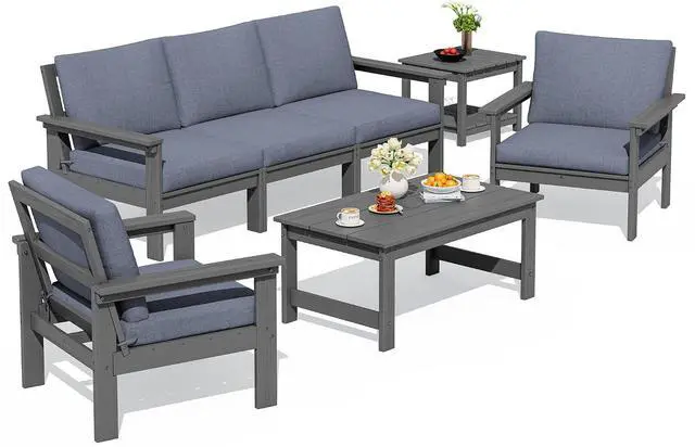 Main image of HDPE Patio Furniture Set, 7-piece Outdoor Sectional Sofa Set, All Weather Outdoor Couch Set for Deck, Lawn, Grey Frame with Grey Cushion