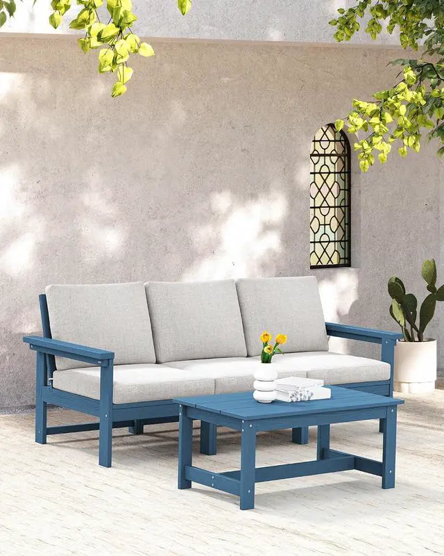 Alt view image 7 of 7 - HDPE Patio Sofa Set, 4-piece Sectional Outdoor Furniture Set, All Weather Outdoor Couch Set Patio Furniture Set for Deck, Lawn, Blue Frame with Khaki Cushion