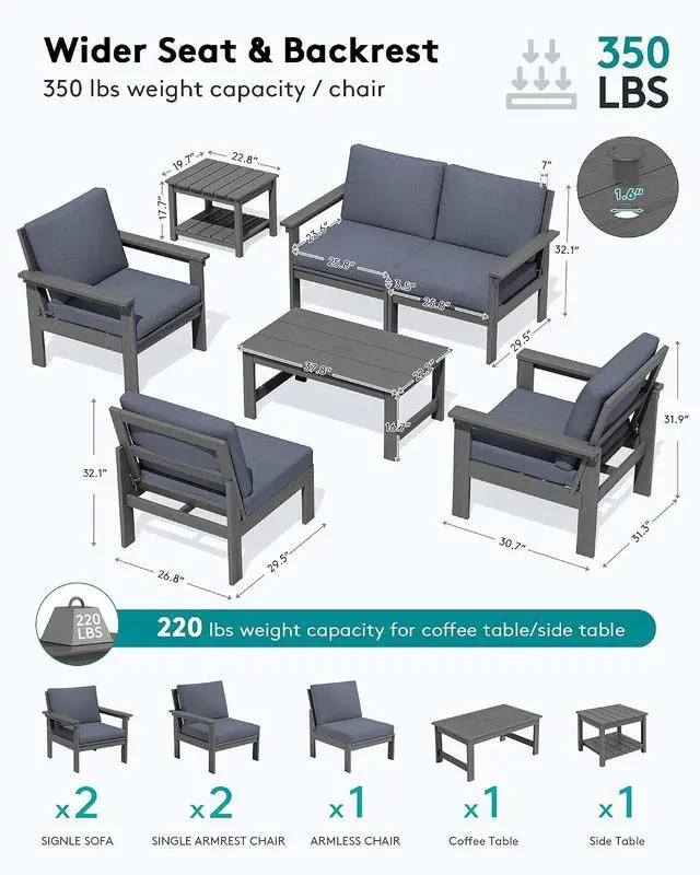 Alt view image 2 of 7 - HDPE Patio Furniture Set, 7-piece Outdoor Sectional Sofa Set, All Weather Outdoor Couch Set for Deck, Lawn, Grey Frame with Grey Cushion