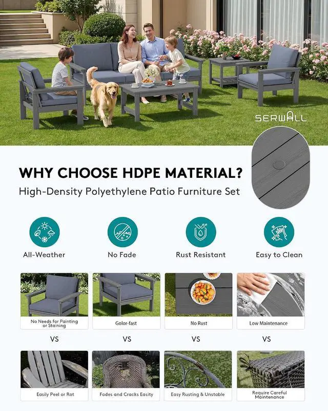 Alt view image 3 of 7 - HDPE Patio Furniture Set, 7-piece Outdoor Sectional Sofa Set, All Weather Outdoor Couch Set for Deck, Lawn, Grey Frame with Grey Cushion