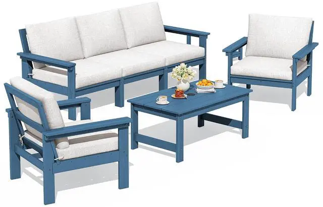 Main image of HDPE Patio Conversation Set, 6-piece Sectional Outdoor Furniture Set, All Weather Outdoor Couch Set Patio Furniture Set for Deck, Lawn, Blue Frame with Beige Cushion