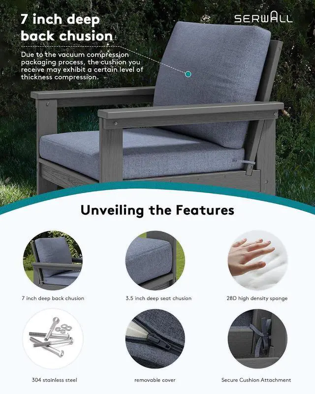 Alt view image 4 of 7 - HDPE Patio Furniture Set, 7-piece Outdoor Sectional Sofa Set, All Weather Outdoor Couch Set for Deck, Lawn, Grey Frame with Grey Cushion