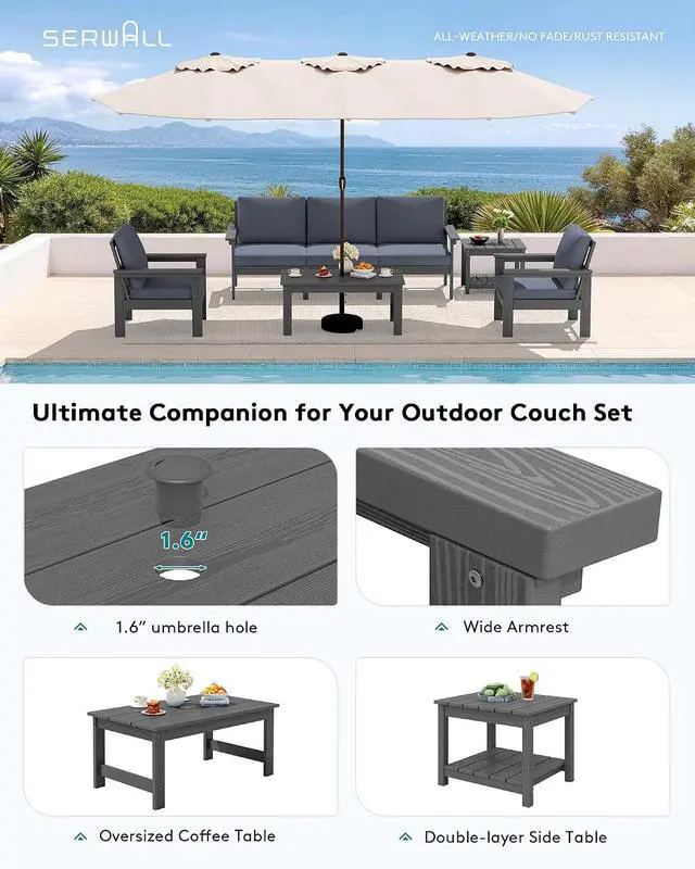 Alt view image 6 of 7 - HDPE Patio Furniture Set, 7-piece Outdoor Sectional Sofa Set, All Weather Outdoor Couch Set for Deck, Lawn, Grey Frame with Grey Cushion