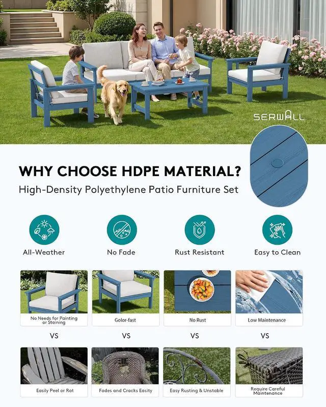 Alt view image 3 of 7 - HDPE Patio Conversation Set, 6-piece Sectional Outdoor Furniture Set, All Weather Outdoor Couch Set Patio Furniture Set for Deck, Lawn, Blue Frame with Beige Cushion