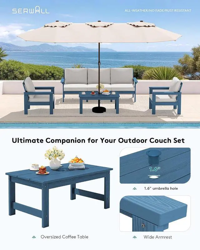 Alt view image 5 of 7 - HDPE Patio Conversation Set, 6-piece Sectional Outdoor Furniture Set, All Weather Outdoor Couch Set Patio Furniture Set for Deck, Lawn, Blue Frame with Beige Cushion