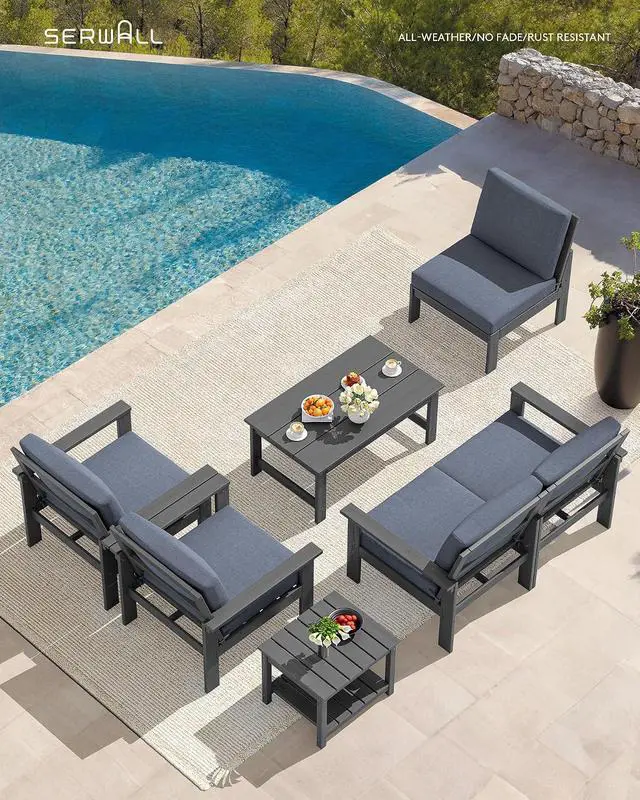 Alt view image 7 of 7 - HDPE Patio Furniture Set, 7-piece Outdoor Sectional Sofa Set, All Weather Outdoor Couch Set for Deck, Lawn, Grey Frame with Grey Cushion