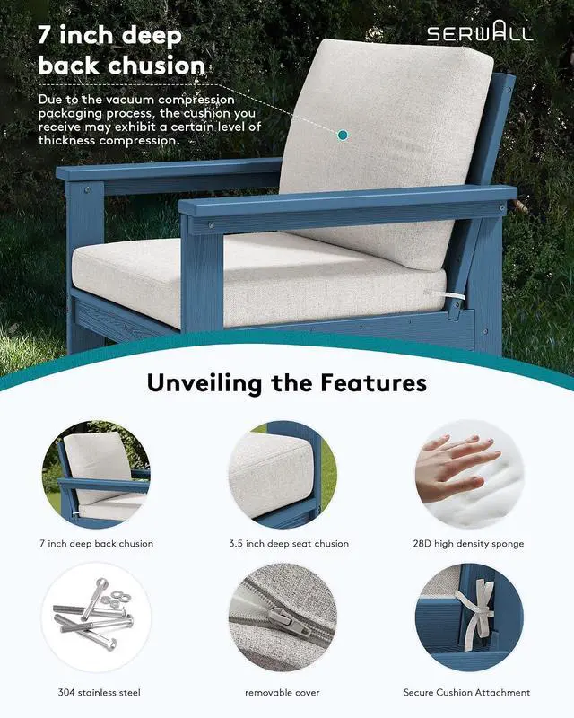 Alt view image 4 of 7 - HDPE Patio Conversation Set, 6-piece Sectional Outdoor Furniture Set, All Weather Outdoor Couch Set Patio Furniture Set for Deck, Lawn, Blue Frame with Beige Cushion