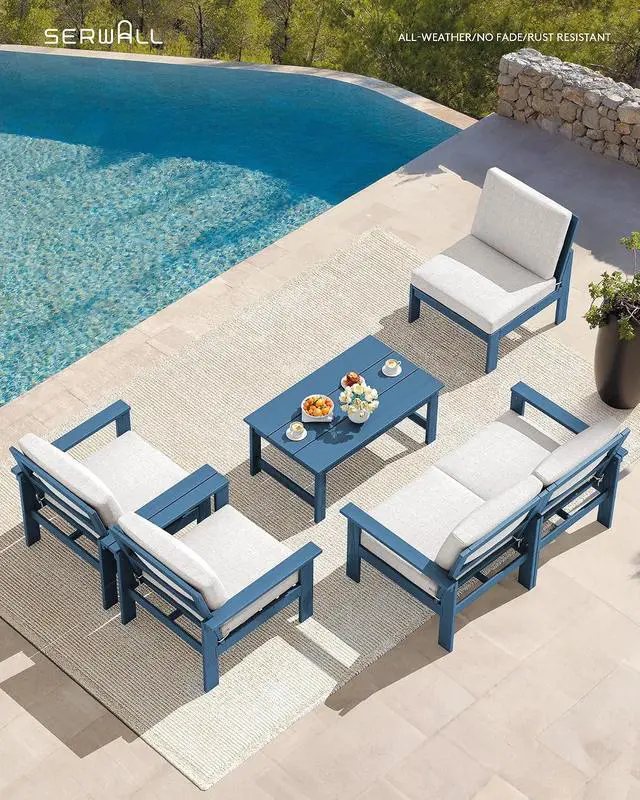 Alt view image 6 of 7 - HDPE Patio Conversation Set, 6-piece Sectional Outdoor Furniture Set, All Weather Outdoor Couch Set Patio Furniture Set for Deck, Lawn, Blue Frame with Beige Cushion