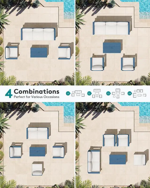 Alt view image 7 of 7 - HDPE Patio Conversation Set, 6-piece Sectional Outdoor Furniture Set, All Weather Outdoor Couch Set Patio Furniture Set for Deck, Lawn, Blue Frame with Beige Cushion
