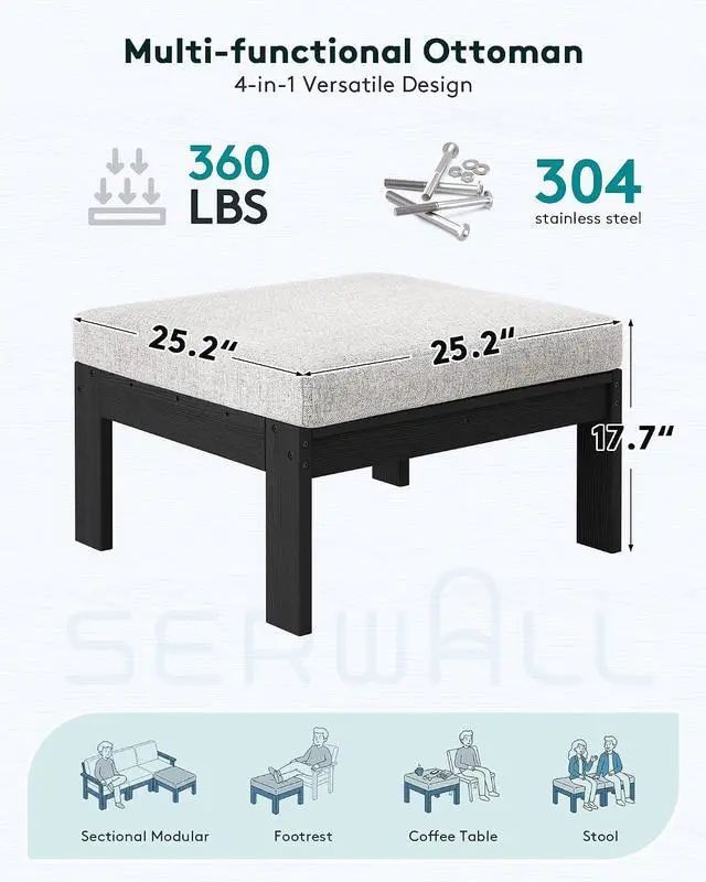 Alt view image 2 of 6 - Outdoor Ottoman with Cushions for Sofa Set, Black HDPE Frame with Beige Cushions