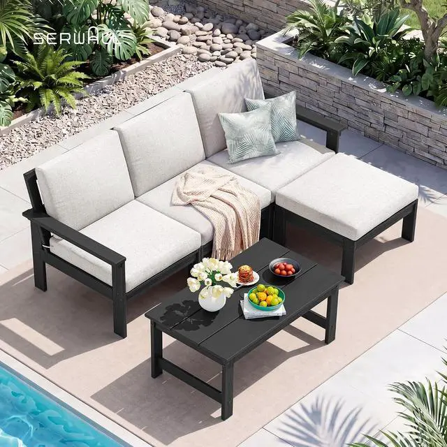Alt view image 6 of 6 - Outdoor Ottoman with Cushions for Sofa Set, Black HDPE Frame with Beige Cushions