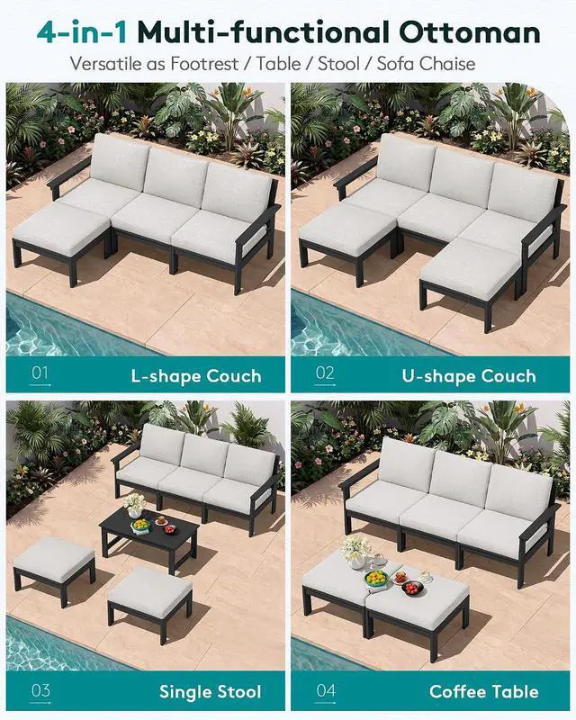 Alt view image 5 of 6 - Outdoor Ottoman with Cushions for Sofa Set, Black HDPE Frame with Beige Cushions