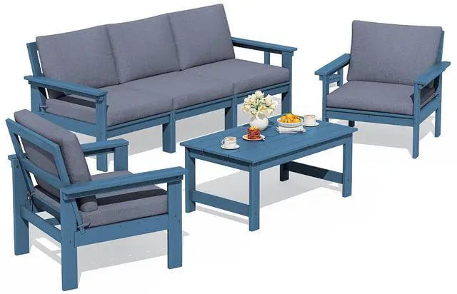 Main image of HDPE Patio Conversation Set, 6-piece Sectional Outdoor Furniture Set, All Weather Outdoor Couch Set Patio Furniture Set for Deck, Lawn, Blue Frame with Grey Cushion