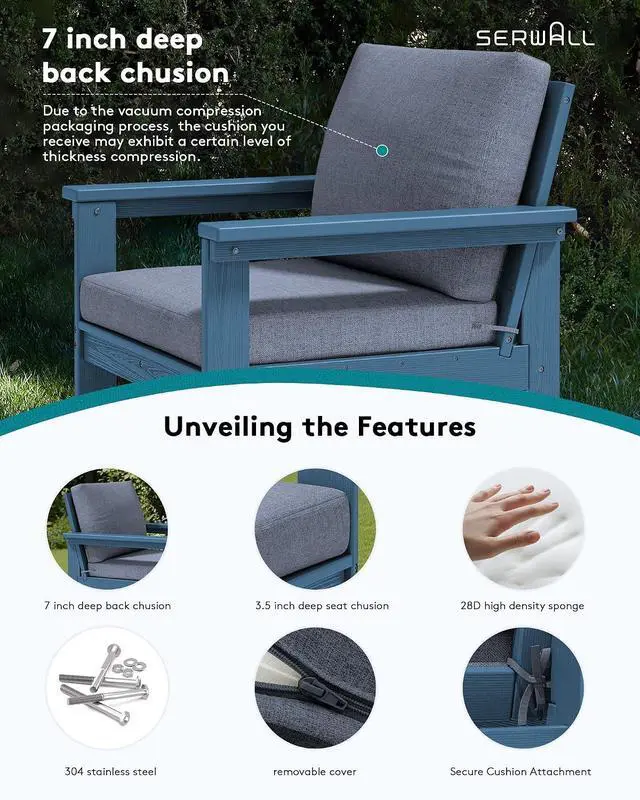 Alt view image 4 of 7 - HDPE Patio Conversation Set, 6-piece Sectional Outdoor Furniture Set, All Weather Outdoor Couch Set Patio Furniture Set for Deck, Lawn, Blue Frame with Grey Cushion