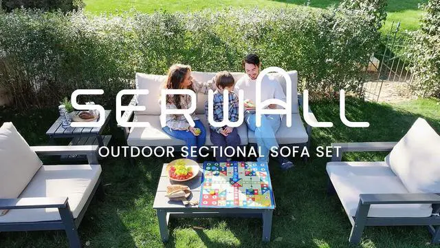Alt view image 2 of 2 - HDPE Patio Furniture Set with 15FT Patio Umbrella, 7-piece Outdoor Sectional Sofa Set, All Weather Patio Couch Set for Deck, Blue & Grey(Umbreall Base not Included)