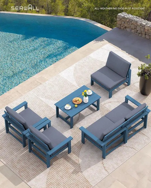 Alt view image 5 of 7 - HDPE Patio Conversation Set, 6-piece Sectional Outdoor Furniture Set, All Weather Outdoor Couch Set Patio Furniture Set for Deck, Lawn, Blue Frame with Grey Cushion