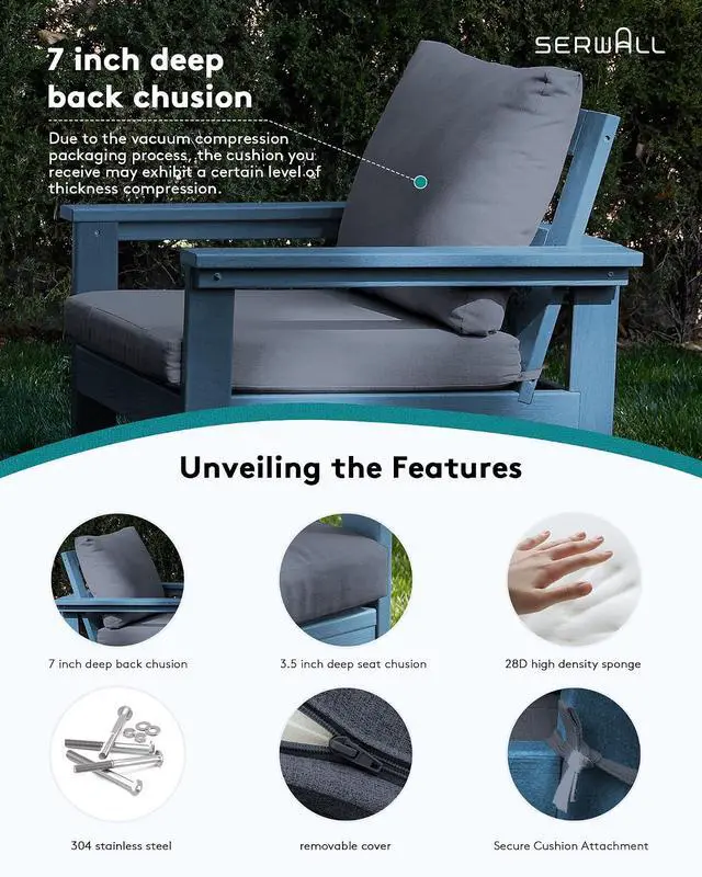 Alt view image 4 of 7 - HDPE Patio Sofa Set, 3-piece Sectional Outdoor Furniture Set, All Weather Outdoor Couch Set Patio Furniture Set for Deck, Lawn, Blue Frame with Grey Cushion