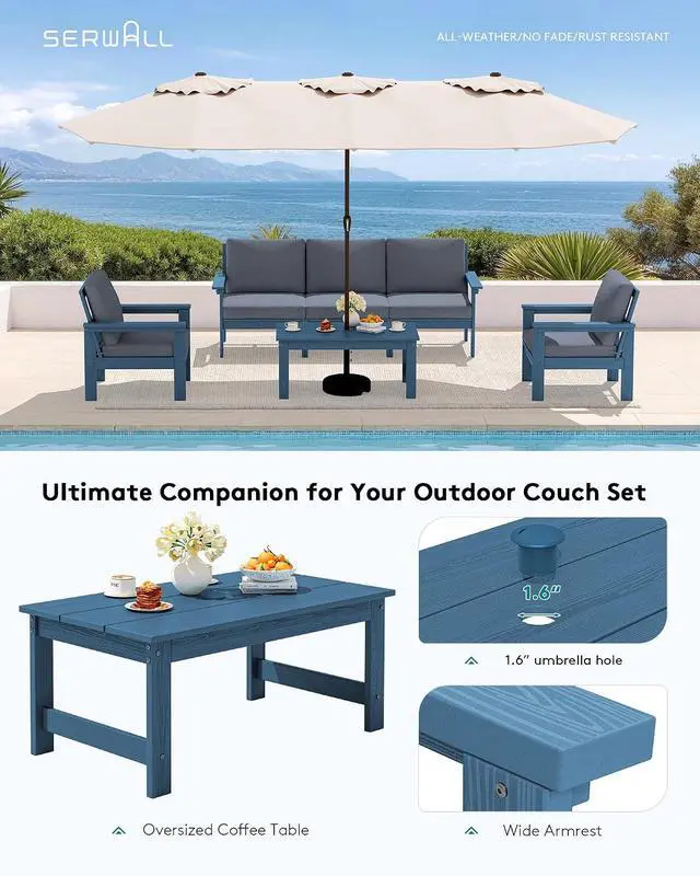 Alt view image 7 of 7 - HDPE Patio Conversation Set, 6-piece Sectional Outdoor Furniture Set, All Weather Outdoor Couch Set Patio Furniture Set for Deck, Lawn, Blue Frame with Grey Cushion
