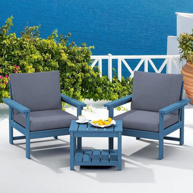 Main image of HDPE Patio Sofa Set, 3-piece Sectional Outdoor Furniture Set, All Weather Outdoor Couch Set Patio Furniture Set for Deck, Lawn, Blue Frame with Grey Cushion