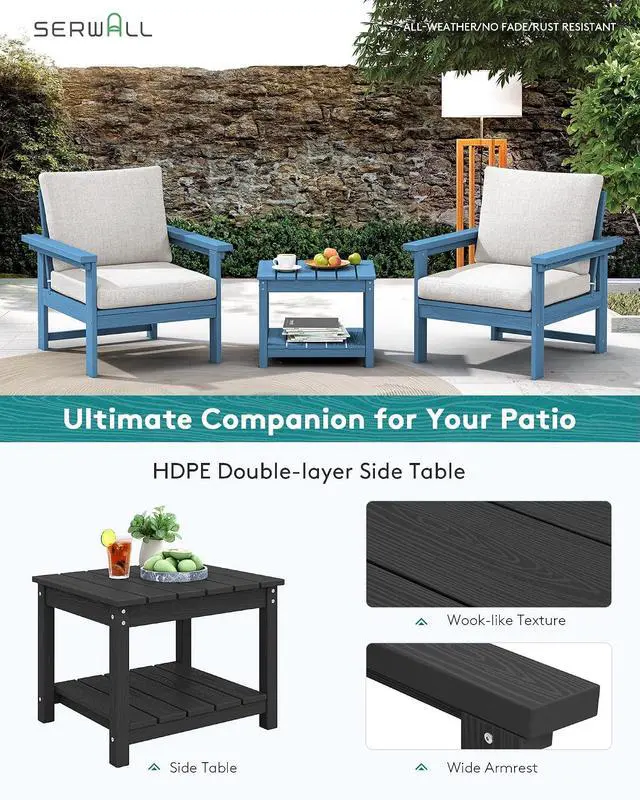 Alt view image 6 of 7 - HDPE Patio Sofa Set, 3-piece Sectional Outdoor Furniture Set, All Weather Outdoor Couch Set Patio Furniture Set for Deck, Lawn, Blue Frame with Grey Cushion