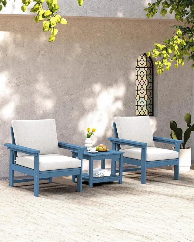 Alt view image 7 of 7 - HDPE Patio Sofa Set, 3-piece Sectional Outdoor Furniture Set, All Weather Outdoor Couch Set Patio Furniture Set for Deck, Lawn, Blue Frame with Grey Cushion