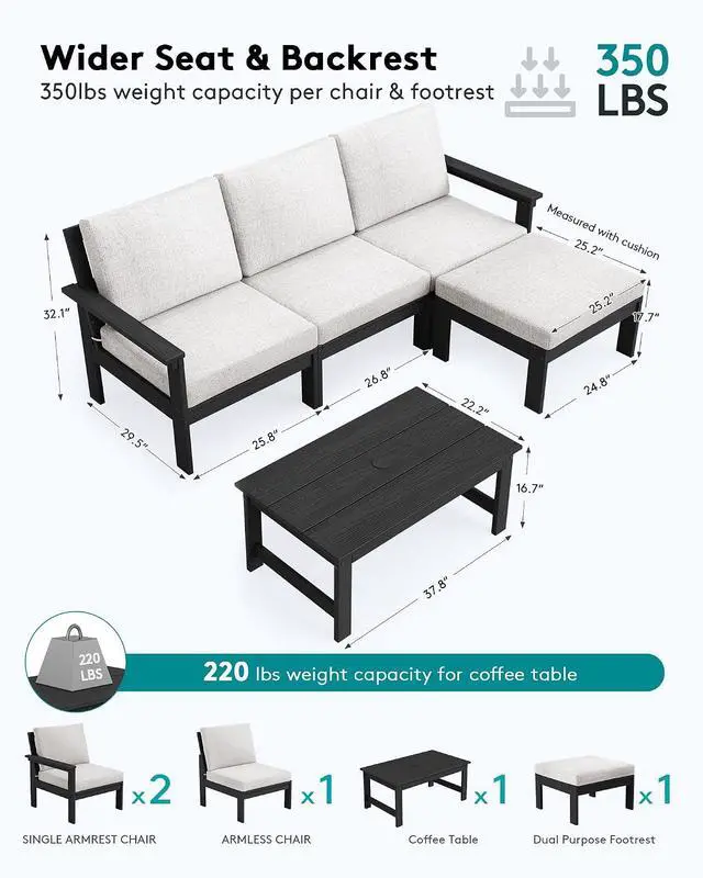 Alt view image 2 of 7 - Outdoor Sectional Sofa Set, 5-piece Outdoor Modula Couch Set with Ottoman, All Weather Patio Furniture Set with Chaise for Deck, Lawn, Black Frame with Khaki Cushion