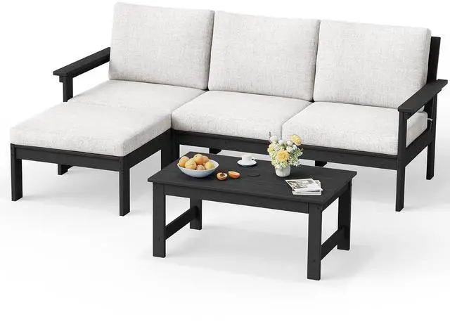 Main image of Outdoor Sectional Sofa Set, 5-piece Outdoor Modula Couch Set with Ottoman, All Weather Patio Furniture Set with Chaise for Deck, Lawn, Black Frame with Khaki Cushion
