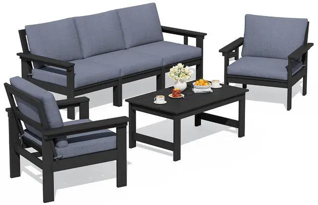 Main image of HDPE Patio Conversation Set, 6-piece Sectional Outdoor Furniture Set, All Weather Outdoor Couch Set Patio Furniture Set for Deck, Lawn, Black Frame with Grey Cushion