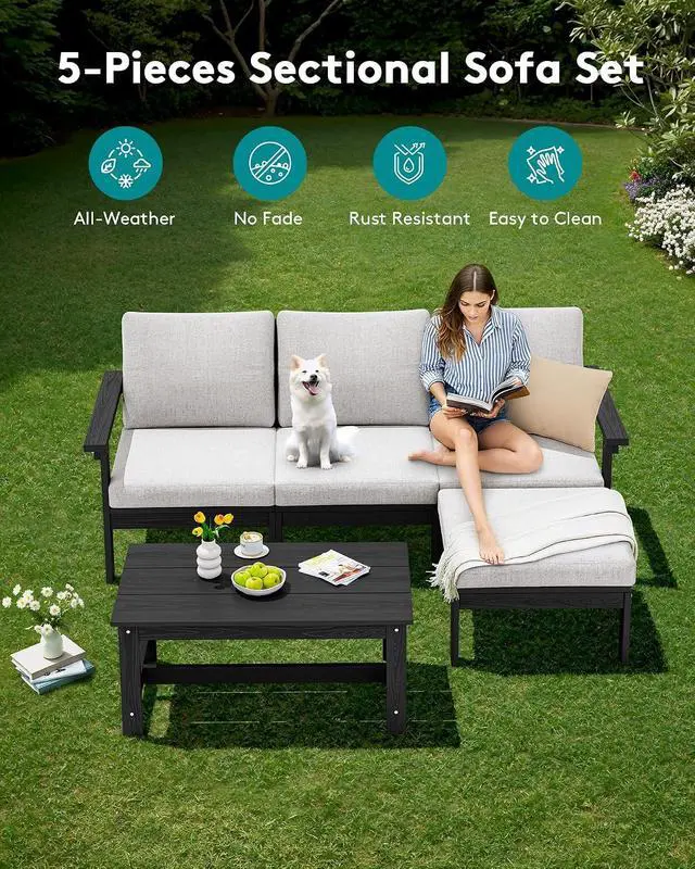 Alt view image 3 of 7 - Outdoor Sectional Sofa Set, 5-piece Outdoor Modula Couch Set with Ottoman, All Weather Patio Furniture Set with Chaise for Deck, Lawn, Black Frame with Khaki Cushion