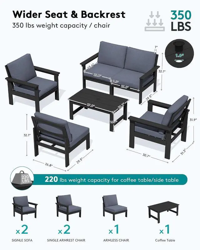 Alt view image 2 of 7 - HDPE Patio Conversation Set, 6-piece Sectional Outdoor Furniture Set, All Weather Outdoor Couch Set Patio Furniture Set for Deck, Lawn, Black Frame with Grey Cushion